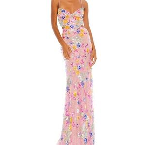 Mac Duggal Embellished Pink Floral Sweetheart Neck Gown